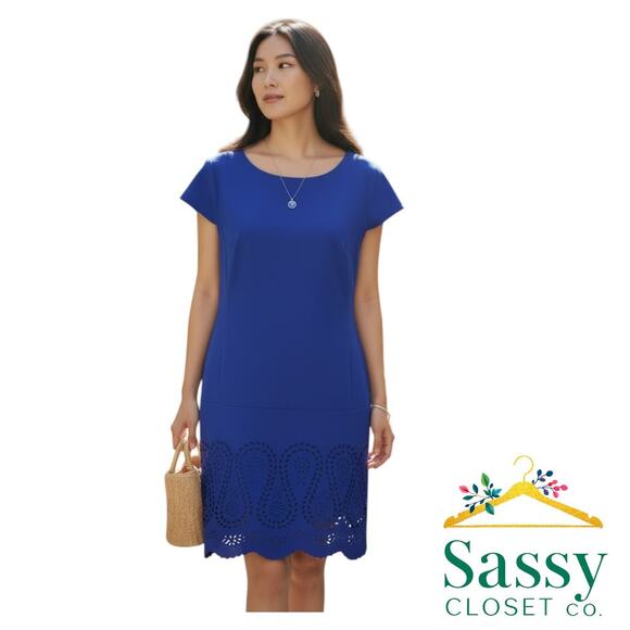 Ann Taylor Petite Purple Cap Sleeve Dress Laser Cut Hem Scoop Neck 10P - Picture 10 of 12